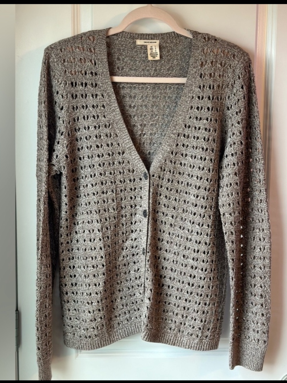 🩶 DKNY Jeans Gray Open Knit Crochet Button Front Cardigan Sweater Size L